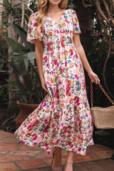 Floral Short Sleeve V Neck Dress with Pockets OutfitFlow